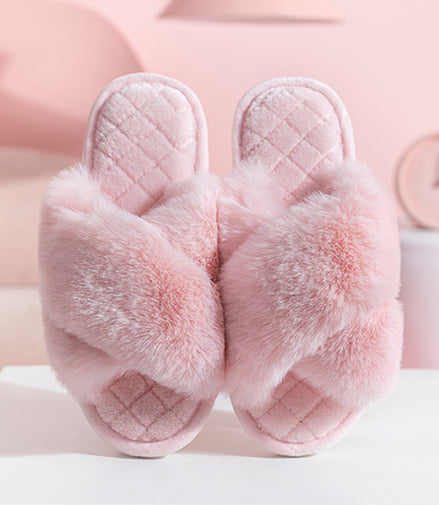 Cross-strap Furry Slippers