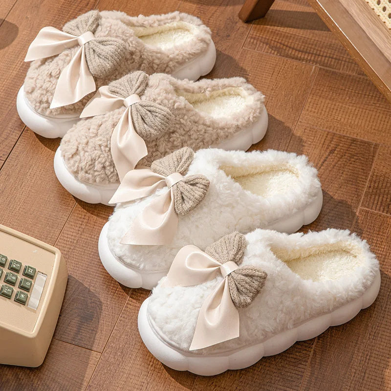 Fur Slippers For Women Cute Bow Non Slip