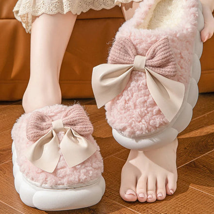 Fur Slippers For Women Cute Bow Non Slip