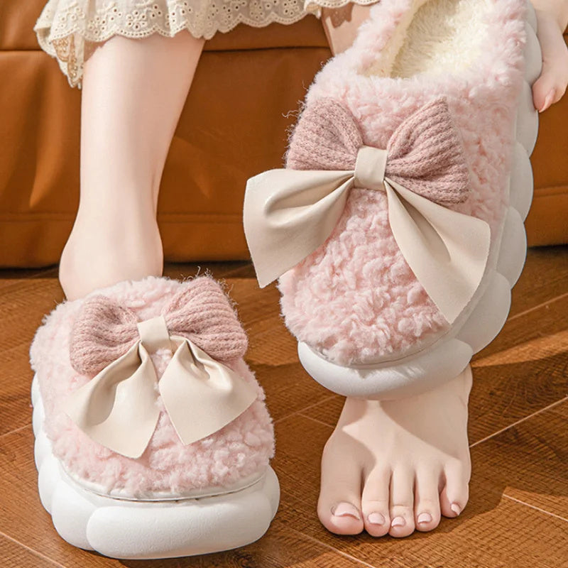 Fur Slippers For Women Cute Bow Non Slip