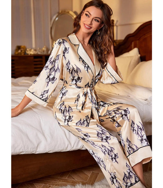 Silk-like Cardigan Lace-up Nightgown Pajama Set