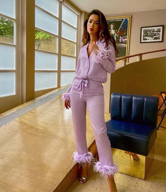 Lapel Top And Feather Trousers Two-piece Pajama Set