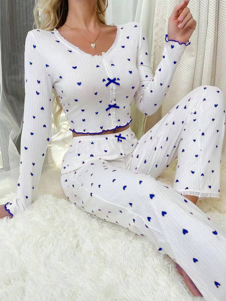 Curling Heart V-neck Long Sleeve Pajamas