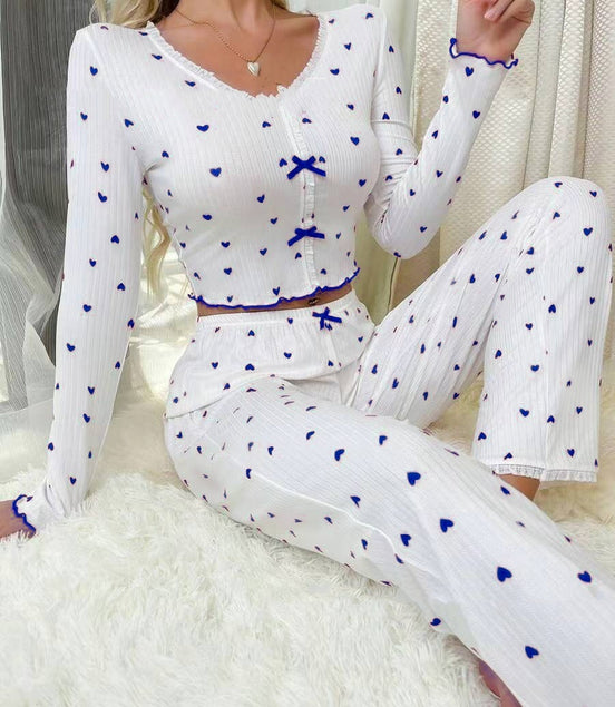 Curling Heart V-neck Long Sleeve Pajamas