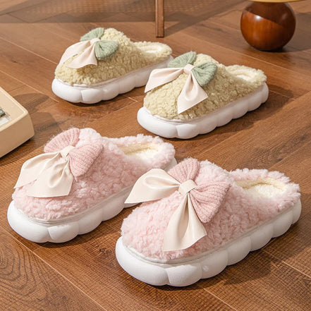 Fur Slippers For Women Cute Bow Non Slip