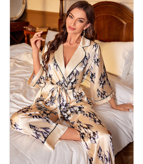 Silk-like Cardigan Lace-up Nightgown Pajama Set