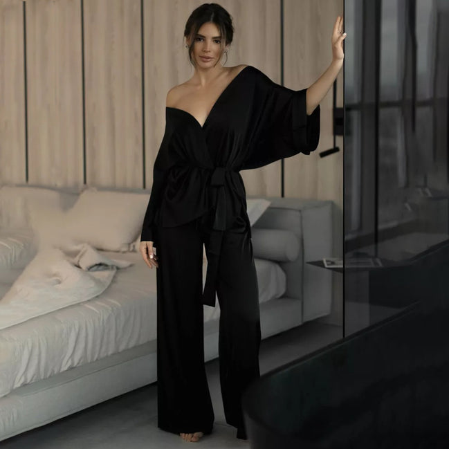 Lace-up Night Robe and Pants Set