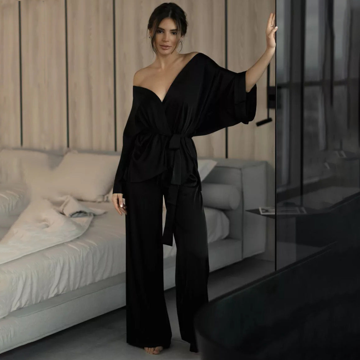 Lace-up Night Robe and Pants Set