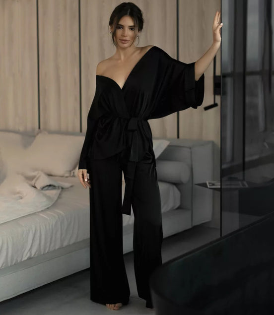 Lace-up Night Robe and Pants Set
