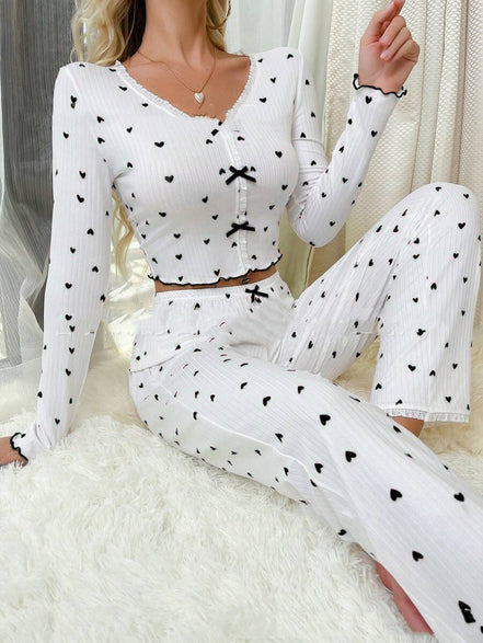 Curling Heart V-neck Long Sleeve Pajamas