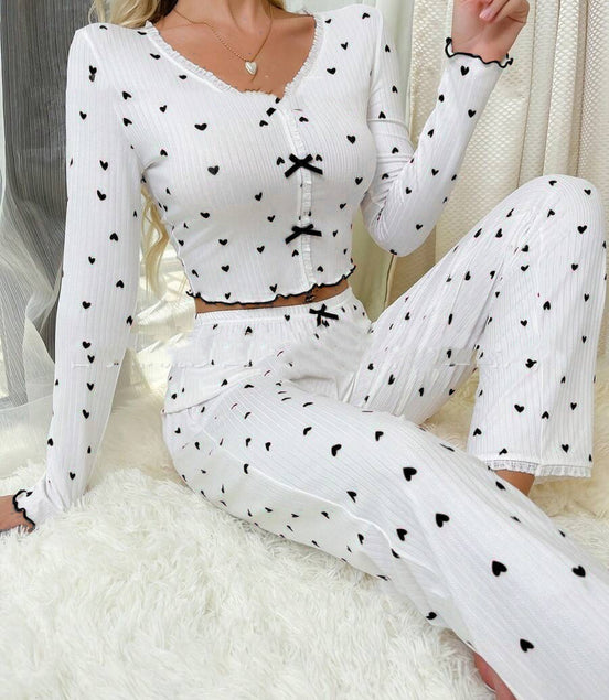 Curling Heart V-neck Long Sleeve Pajamas