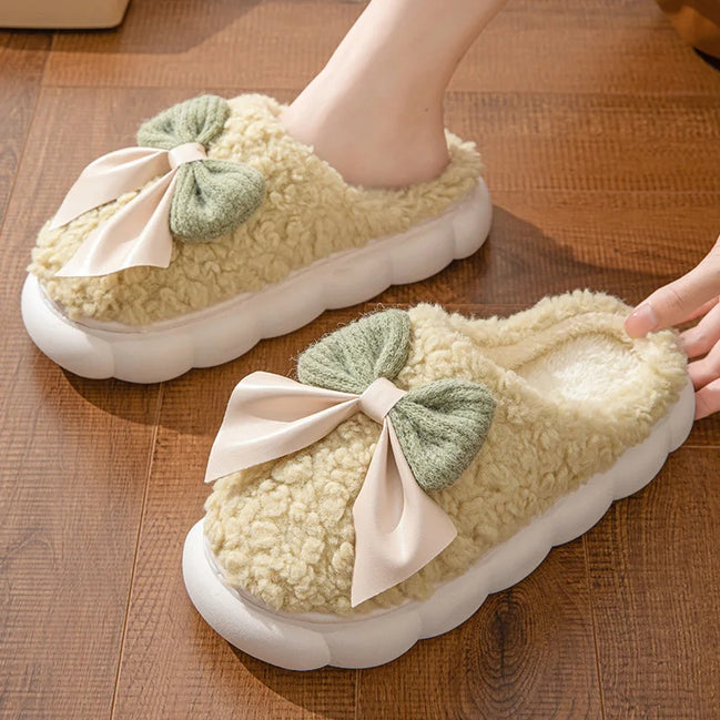 Fur Slippers For Women Cute Bow Non Slip