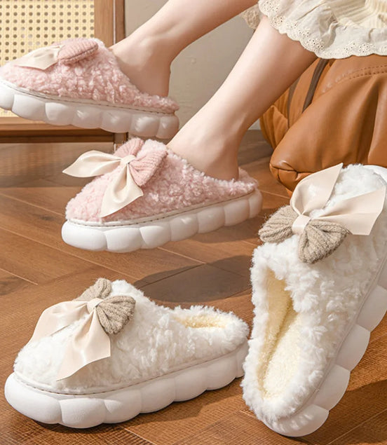 Fur Slippers For Women Cute Bow Non Slip
