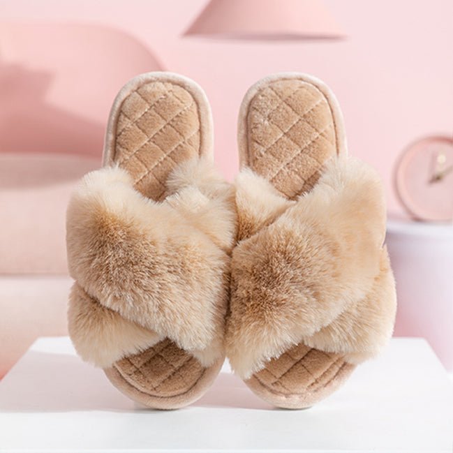 Cross-strap Furry Slippers