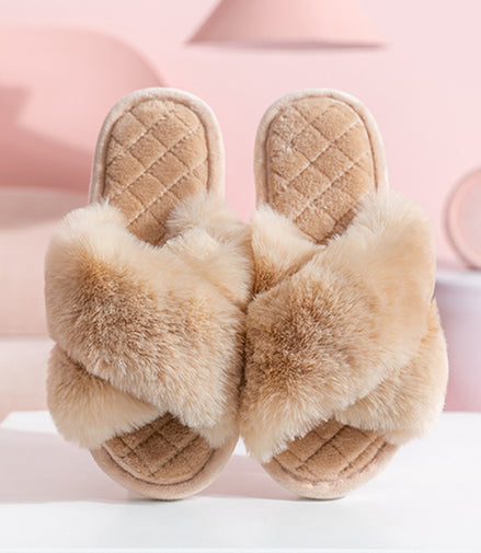 Cross-strap Furry Slippers