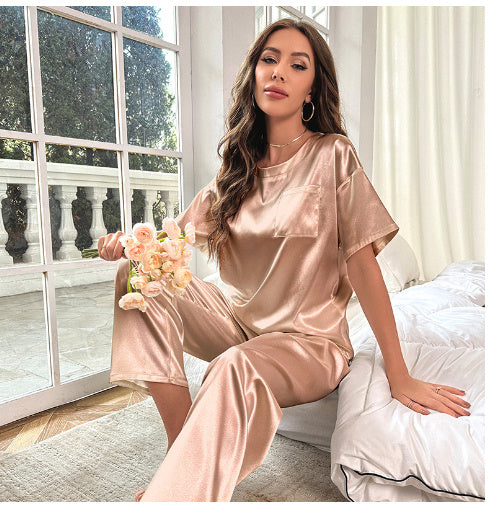 Short Sleeve and Trousers Silk Pajamas