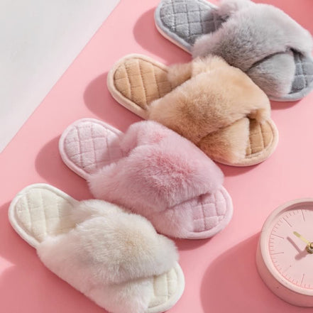 Cross-strap Furry Slippers