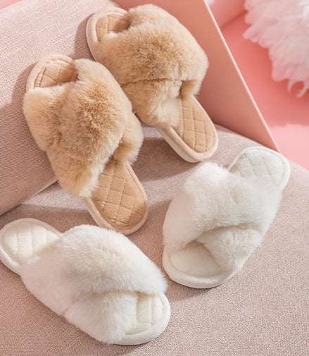 Cross-strap Furry Slippers