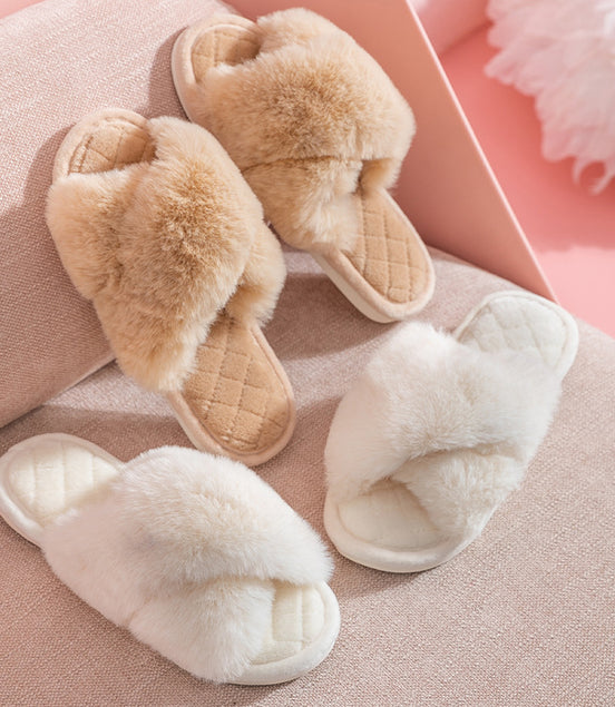 Cross-strap Furry Slippers