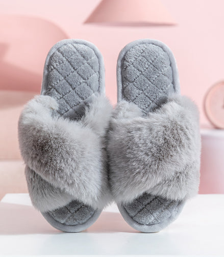 Cross-strap Furry Slippers