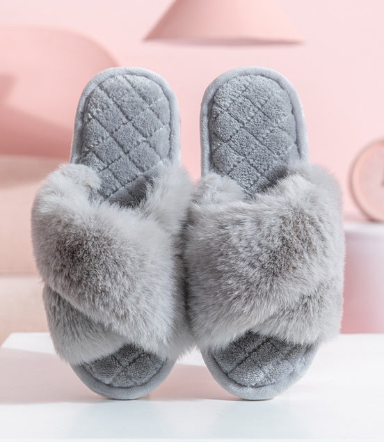 Cross-strap Furry Slippers