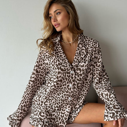 Leopard Print Loose Long Sleeves Pajamas Suit