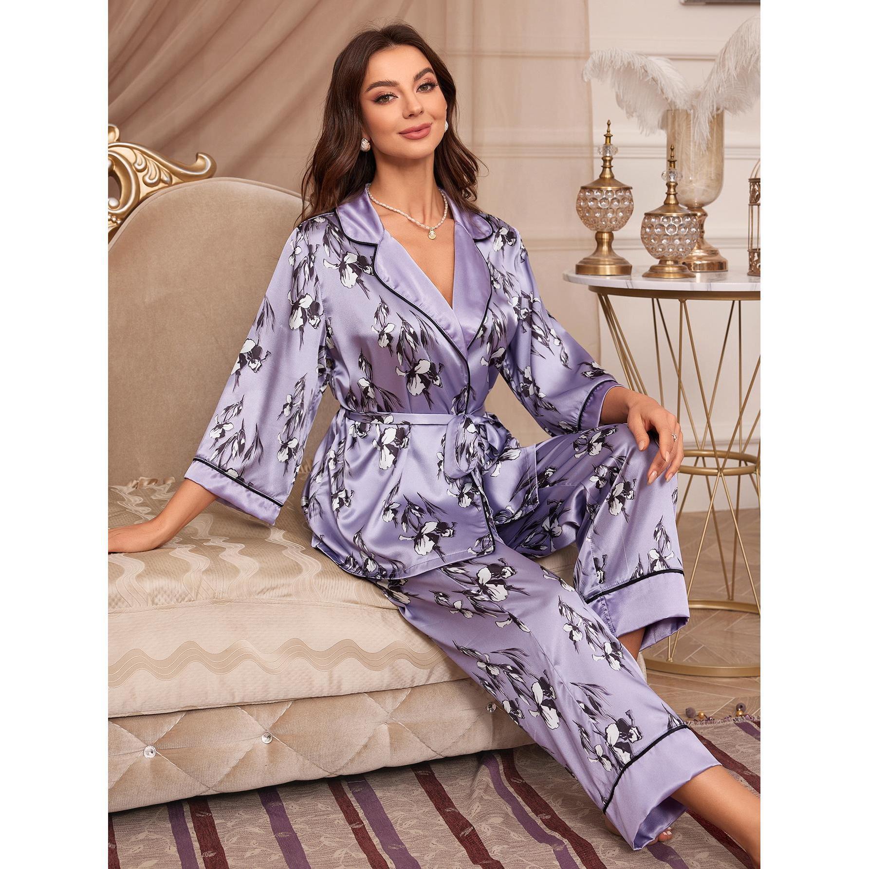 Silk-like Cardigan Lace-up Nightgown Pajama Set