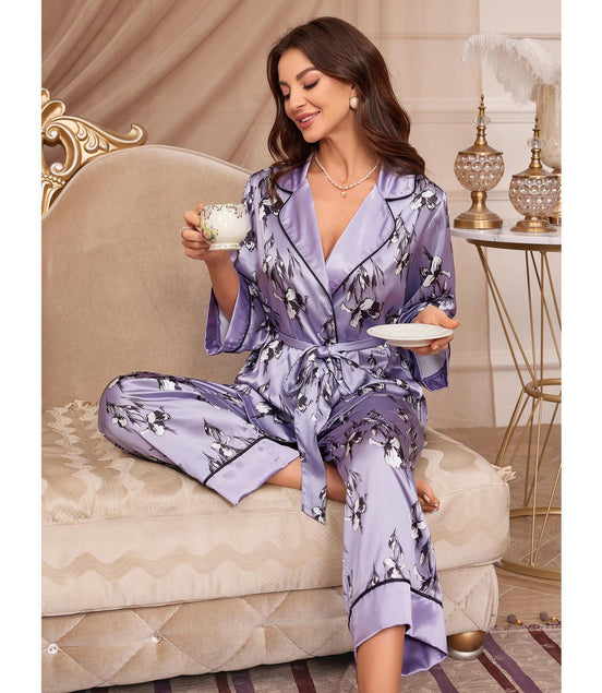 Silk-like Cardigan Lace-up Nightgown Pajama Set